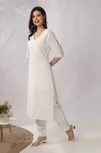White embroidered straight kurta with pant set