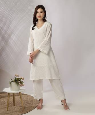 White embroidered straight kurta with pant set 1