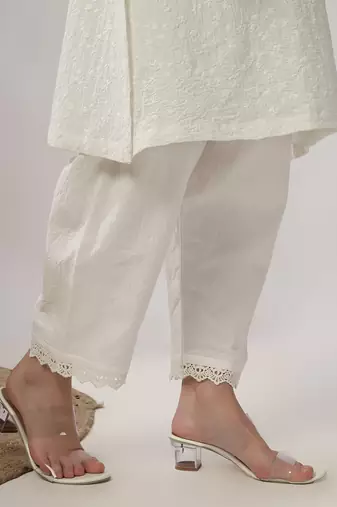 White embroidered straight kurta with pant set