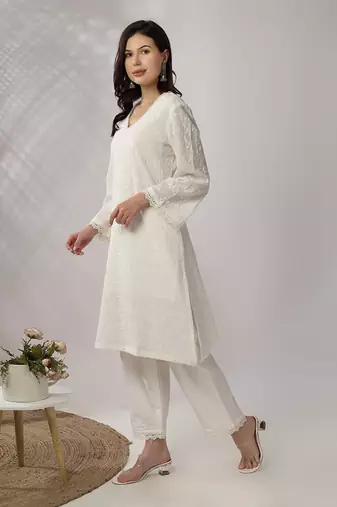 White embroidered straight kurta with pant set