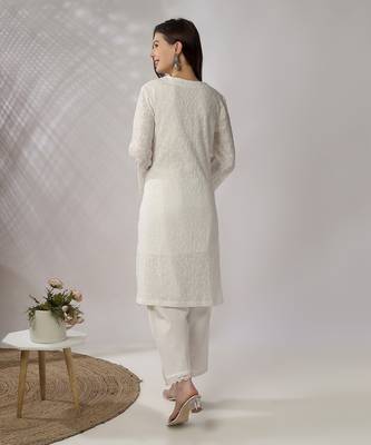 White embroidered straight kurta with pant set 4