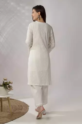 White embroidered straight kurta with pant set