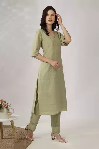 Pale green embroidered straight kurta with pant set