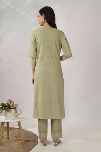 Pale green embroidered straight kurta with pant set