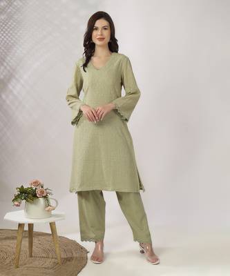 Pale green embroidered straight kurta with pant set 1