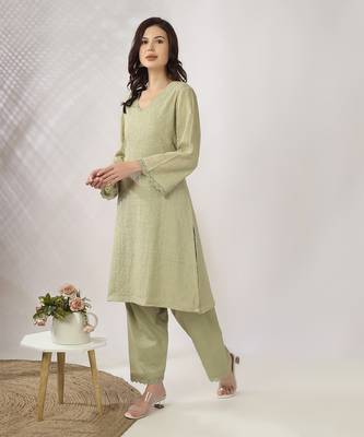 Pale green embroidered straight kurta with pant set 2