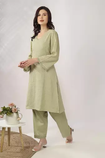 Pale green embroidered straight kurta with pant set