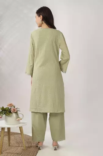 Pale green embroidered straight kurta with pant set