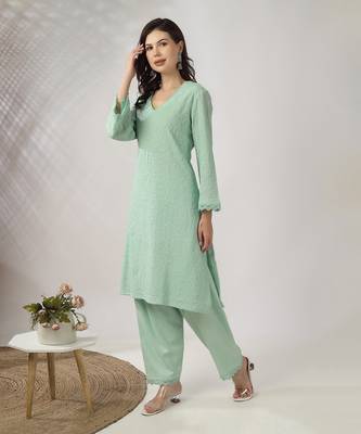 Light aqua green embroidered straight kurta with pant set 1