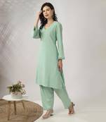 Light aqua green embroidered straight kurta with pant set