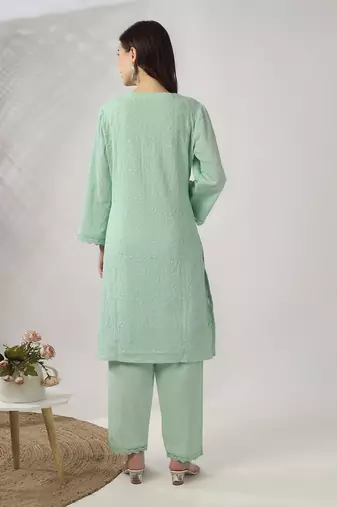 Light aqua green embroidered straight kurta with pant set