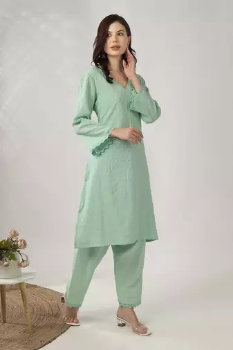 Light aqua green embroidered straight kurta with pant set