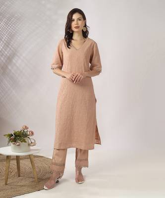 Beige embroidered straight kurta with pant set 1