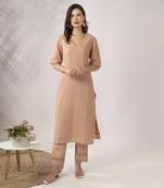 Beige embroidered straight kurta with pant set