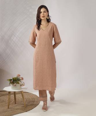 Beige embroidered straight kurta with pant set 2