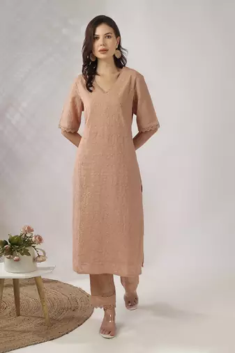 Beige embroidered straight kurta with pant set