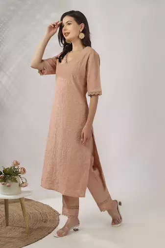 Beige embroidered straight kurta with pant set