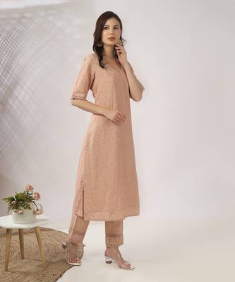 Beige embroidered straight kurta with pant set 4