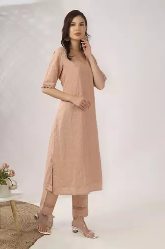 Beige embroidered straight kurta with pant set