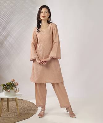 Beige embroidered straight kurta with pant set 1