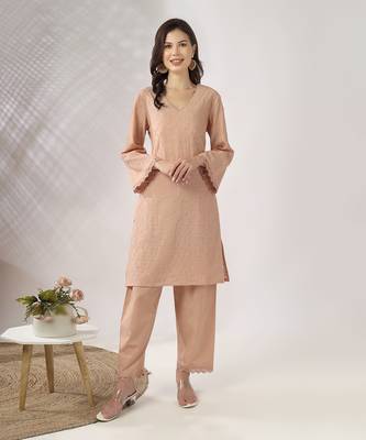 Beige embroidered straight kurta with pant set 2