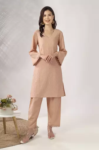 Beige embroidered straight kurta with pant set