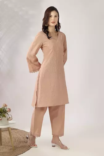 Beige embroidered straight kurta with pant set