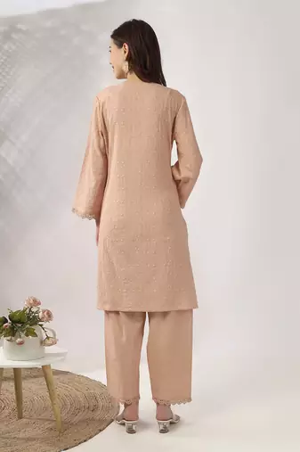 Beige embroidered straight kurta with pant set