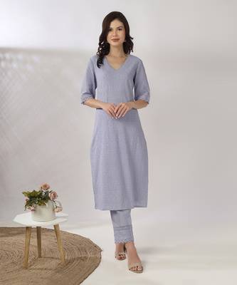 Powder blue embroidered straight kurta with pant set 1