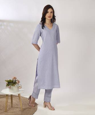 Powder blue embroidered straight kurta with pant set 2