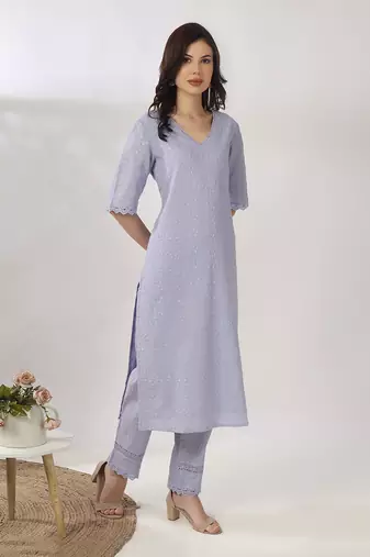 Powder blue embroidered straight kurta with pant set
