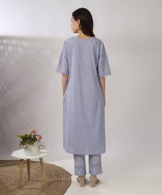 Powder blue embroidered straight kurta with pant set 3