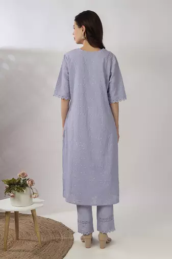 Powder blue embroidered straight kurta with pant set