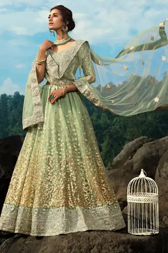 green sequins net lehenga set choli with dupatta