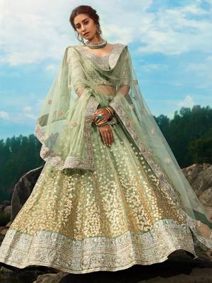 green sequins net lehenga set choli with dupatta 3