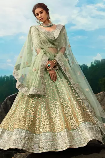 green sequins net lehenga set choli with dupatta