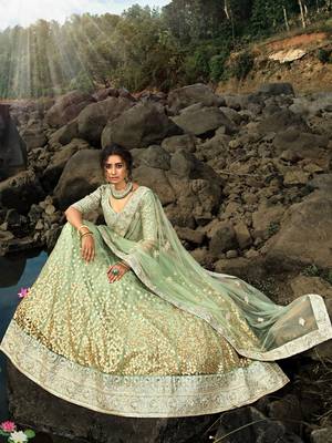 green sequins net lehenga set choli with dupatta 4