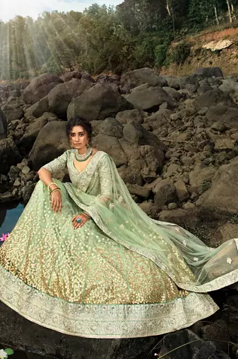 green sequins net lehenga set choli with dupatta