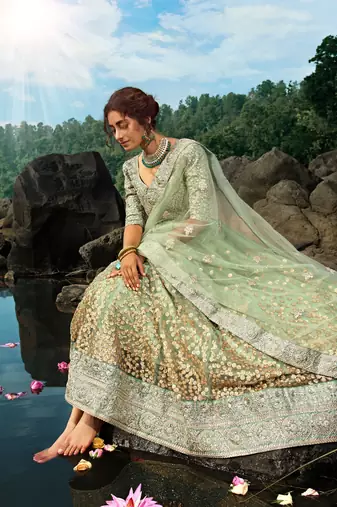 green sequins net lehenga set choli with dupatta
