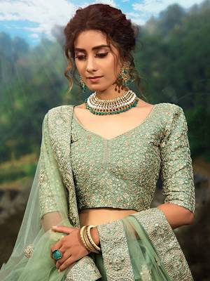green sequins net lehenga set choli with dupatta 6