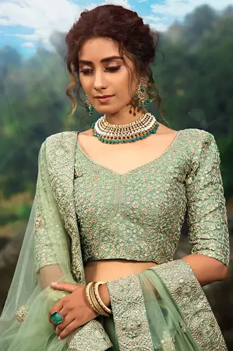 green sequins net lehenga set choli with dupatta