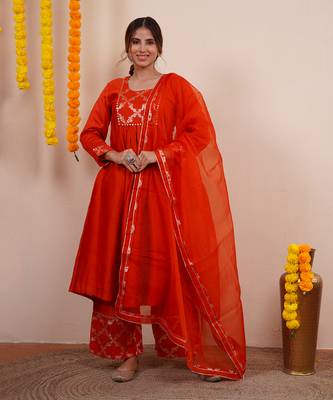 Rust orange chanderi silk anarkali kuta set 1