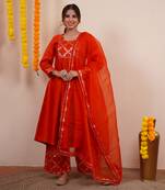 Rust orange chanderi silk anarkali kuta set