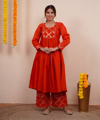 Rust orange chanderi silk anarkali kuta set 2