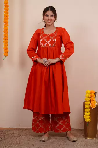 Rust orange chanderi silk anarkali kuta set