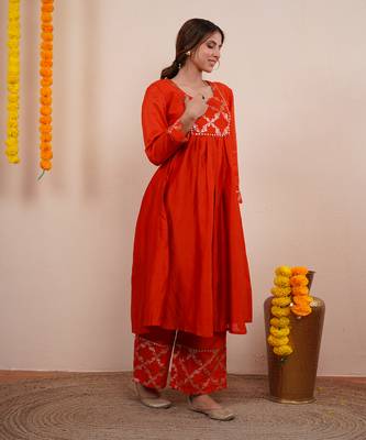 Rust orange chanderi silk anarkali kuta set 3