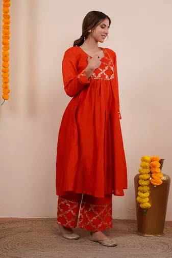 Rust orange chanderi silk anarkali kuta set