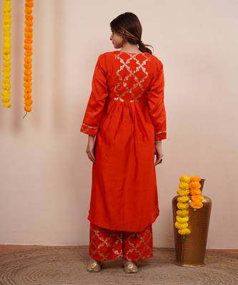 Rust orange chanderi silk anarkali kuta set 4
