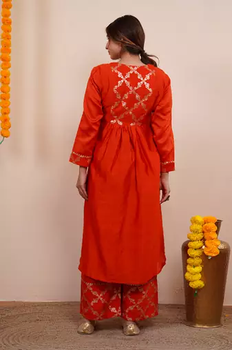 Rust orange chanderi silk anarkali kuta set