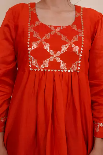 Rust orange chanderi silk anarkali kuta set